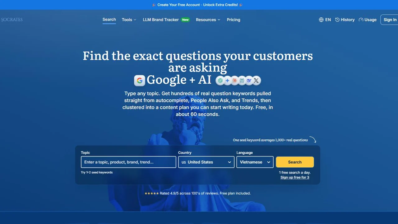 Answer Socrates homepage showing the question keyword research tool