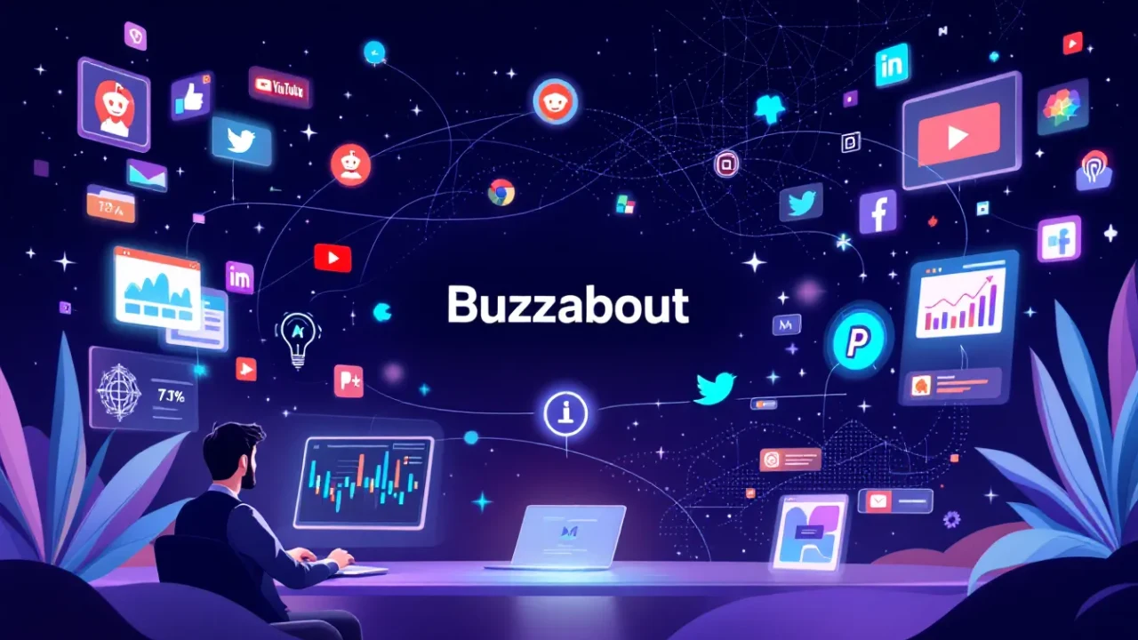 BuzzAbout social listening illustration showing analytics across social platforms