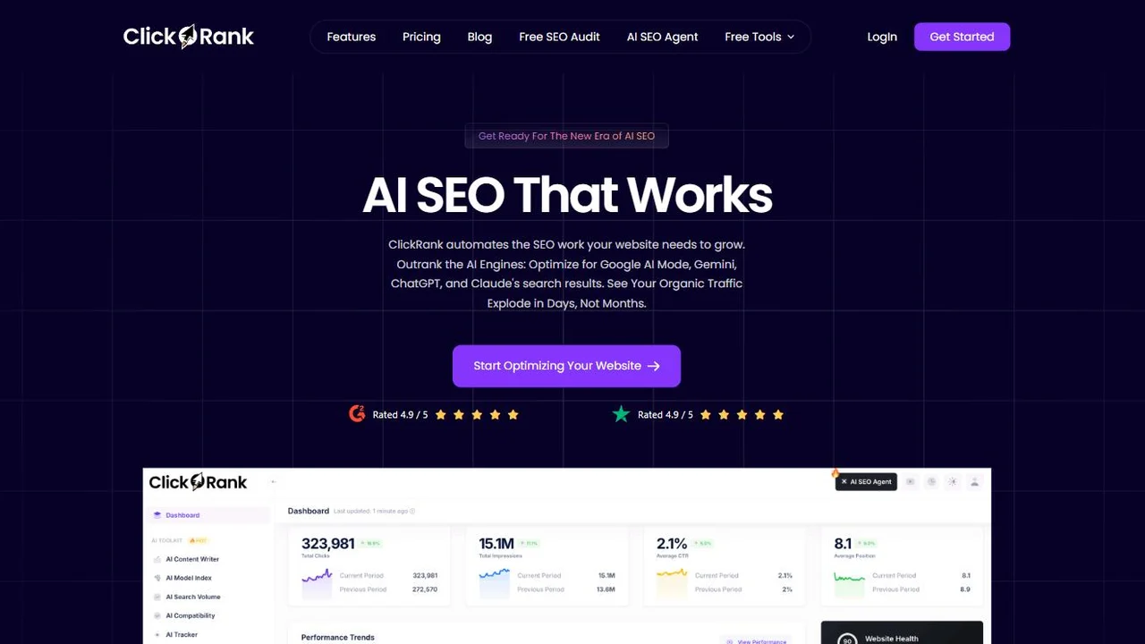 ClickRank AI SEO homepage showing the automated SEO dashboard