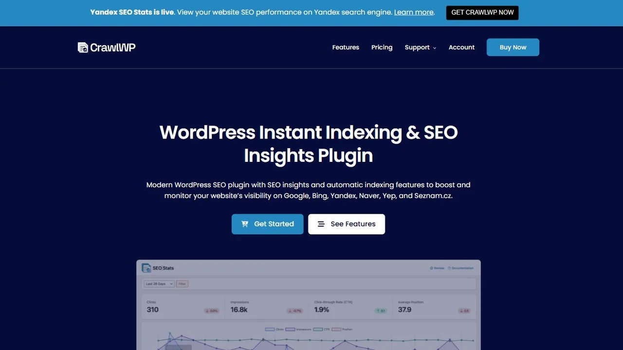 CrawlWP homepage showing the WordPress instant indexing and SEO insights plugin