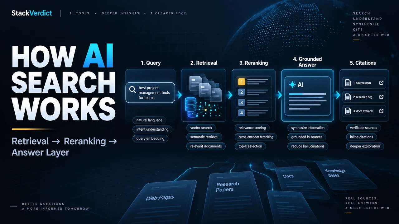How AI search works: query, retrieval, reranking, grounded answer and citations pipeline