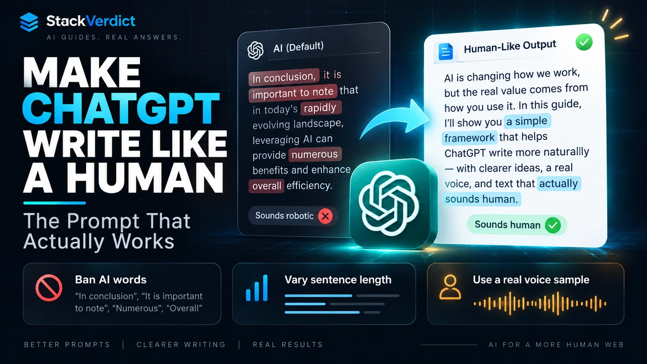 Make ChatGPT write like a human: ban AI words, vary sentence length, use a real voice sample