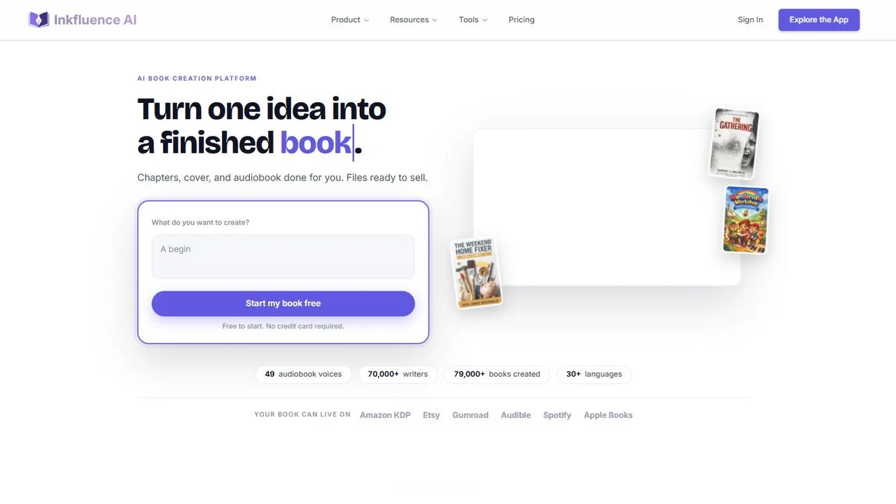 Inkfluence AI homepage showing the AI book creation platform