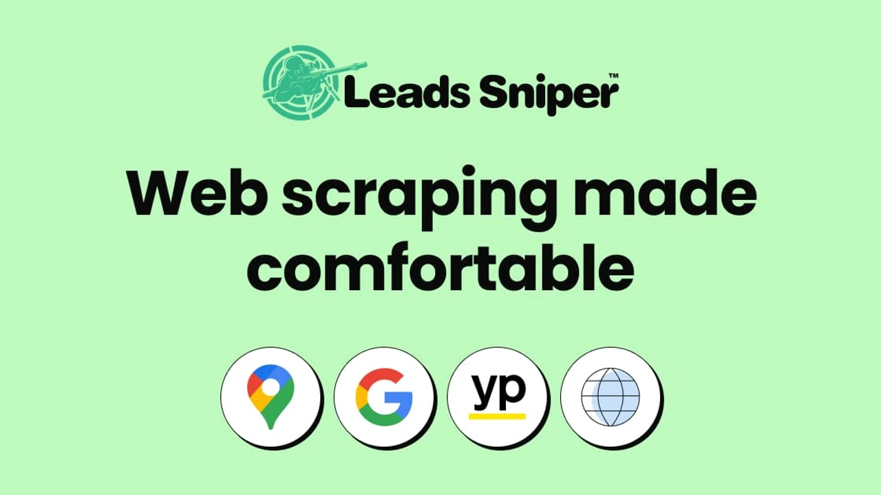 Leads Sniper banner: web scraping made comfortable, with Google Maps, Google, Yellow Pages and web icons