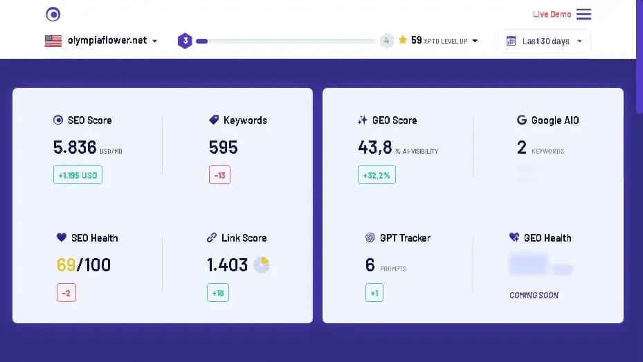 Morningscore dashboard showing SEO Score, Keywords, GEO Score, Google AIO, SEO Health and Link Score