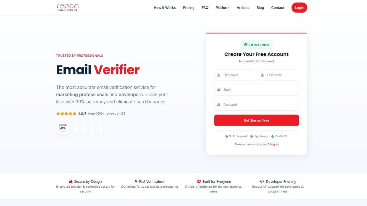 Reoon Email Verifier homepage showing the bulk email validation service