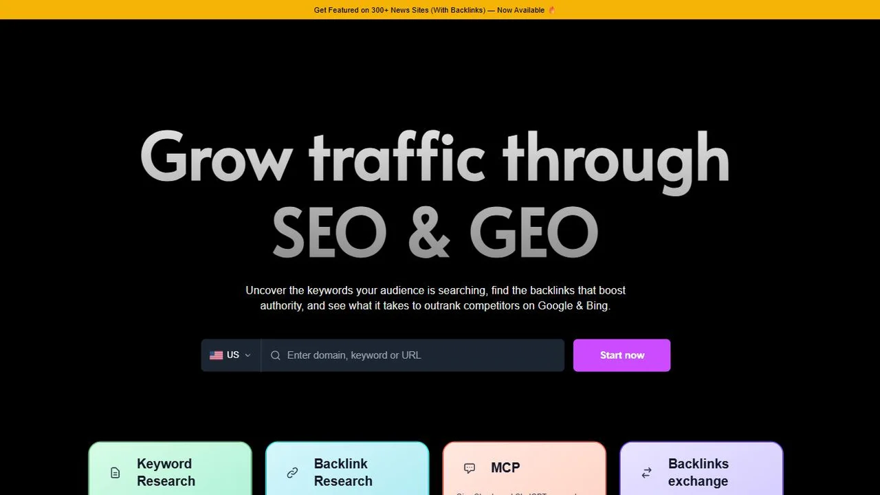 Semdash homepage showing keyword, backlink and GEO research tools