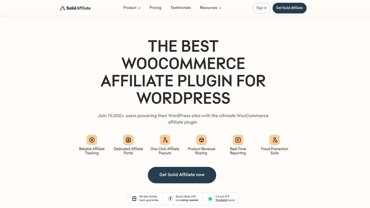 Solid Affiliate homepage showing the WooCommerce affiliate plugin