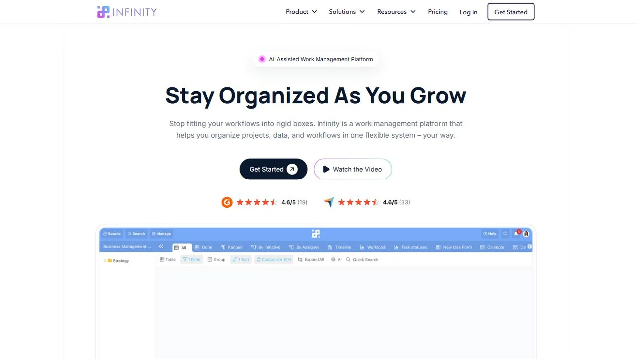 Infinity homepage showing the customizable work management platform