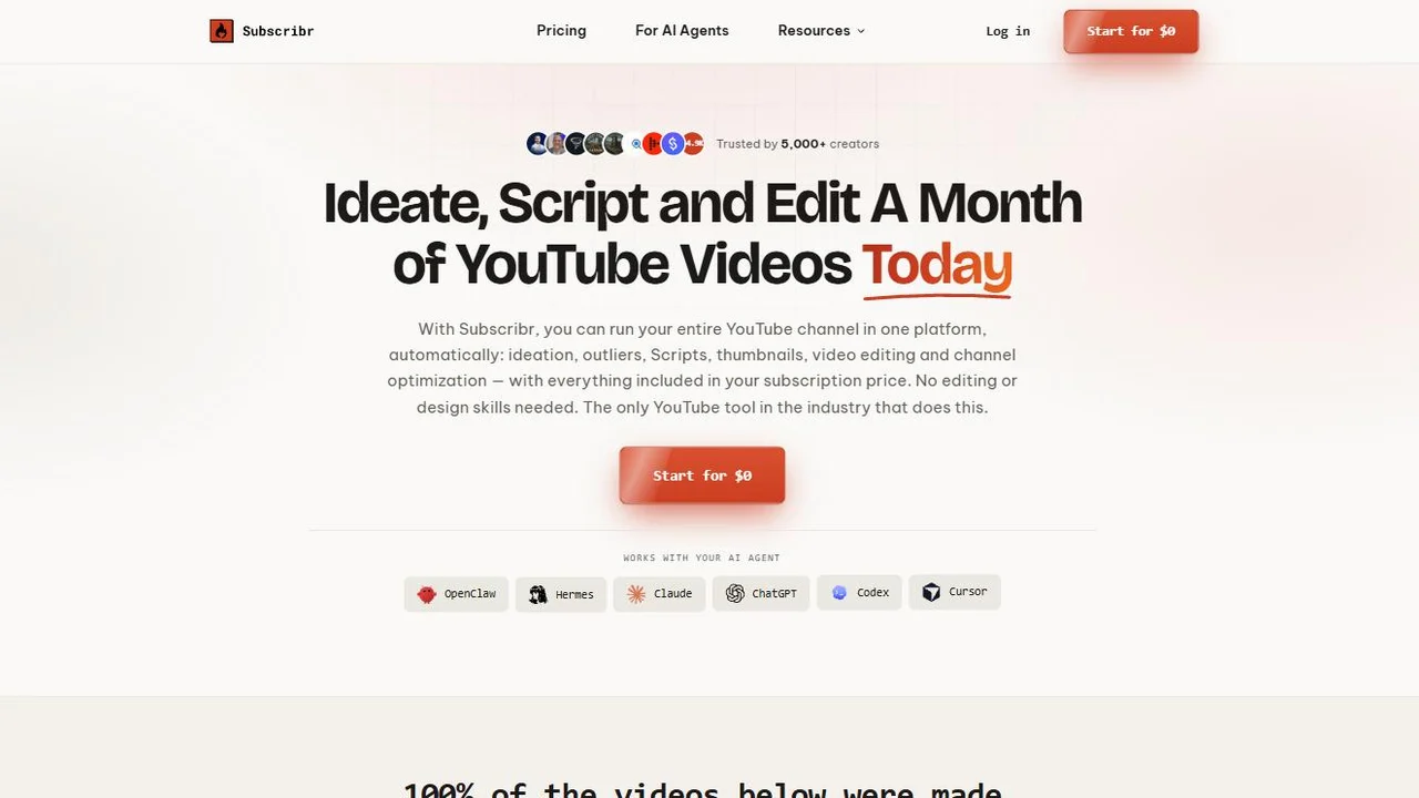 Subscribr homepage showing its YouTube scripting and channel workflow