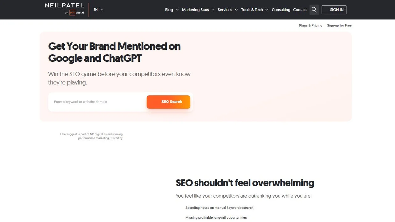 Ubersuggest keyword research tool on the Neil Patel site