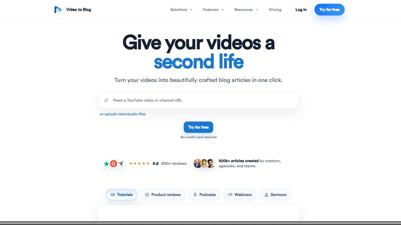 Video to Blog homepage showing video-to-article conversion