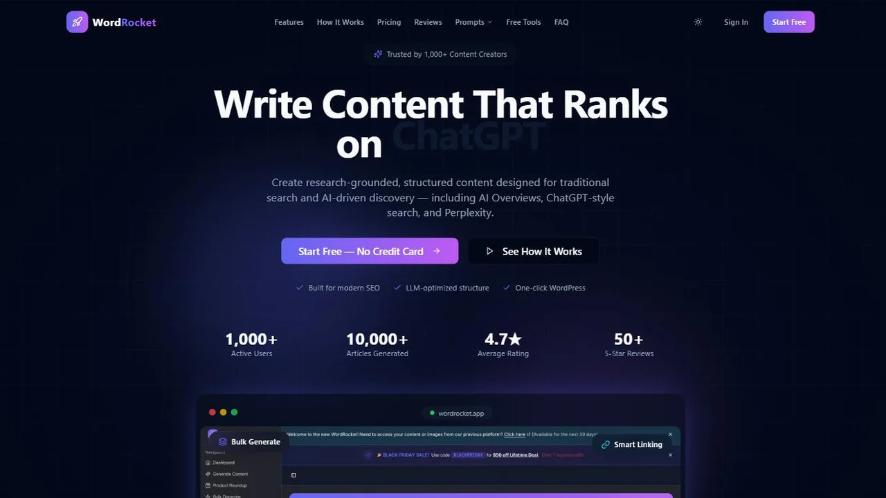 WordRocket AI homepage showing its AI content generation platform