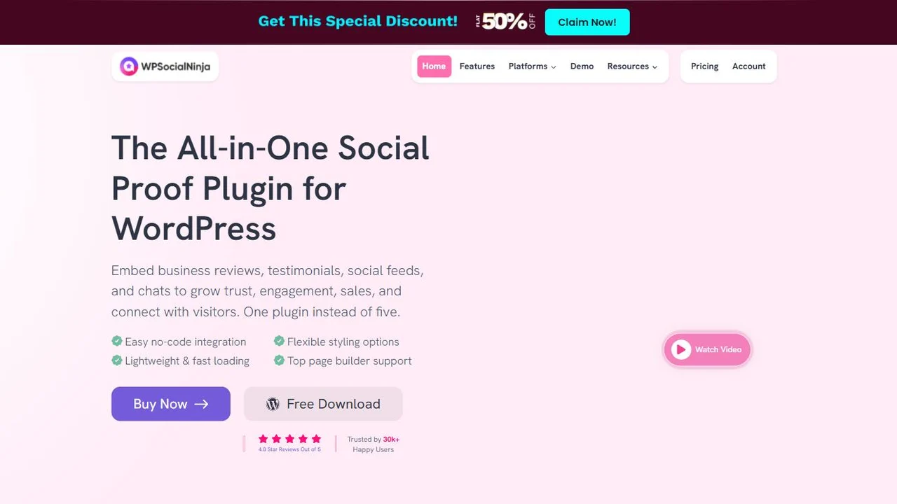 WP Social Ninja homepage showing the WordPress social proof plugin