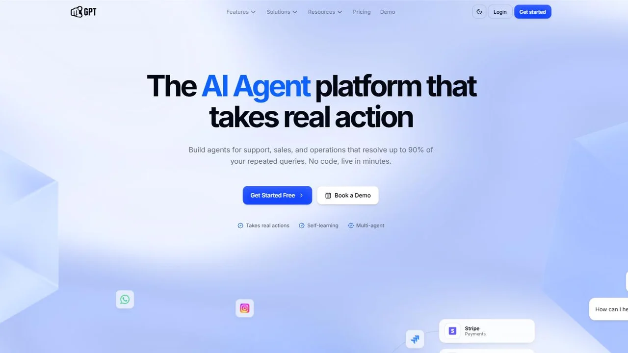 YourGPT homepage showing the no-code AI agent platform