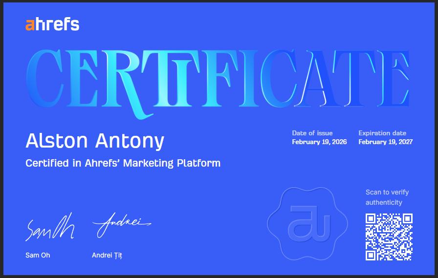 Ahrefs SEO Certified certificate by Ahrefs