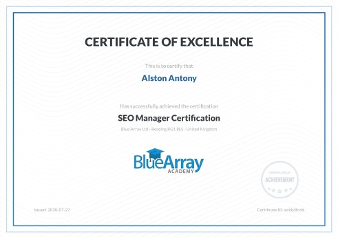 SEO Manager Certification certificate by Blue Array
