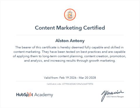 Content Marketing certificate by HubSpot Academy