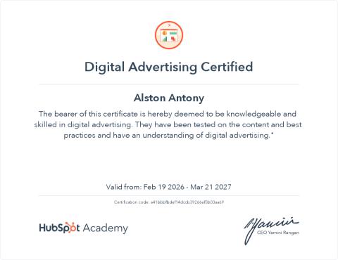 Digital Advertising certificate by HubSpot Academy
