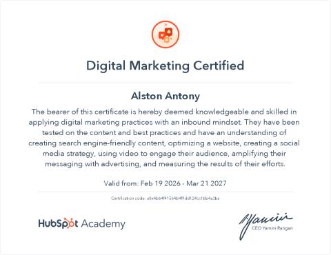 Digital Marketing certificate by HubSpot Academy