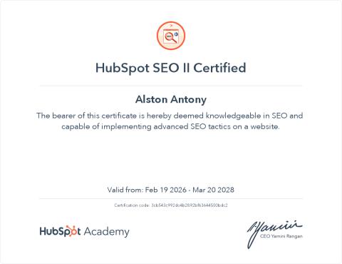 SEO II certificate by HubSpot Academy