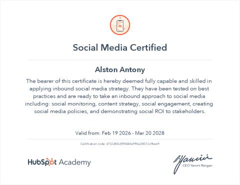 Social Media Marketing certificate by HubSpot Academy