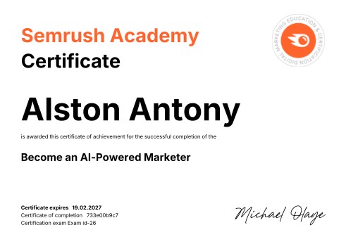 AI-Powered Marketer Certified certificate by Semrush
