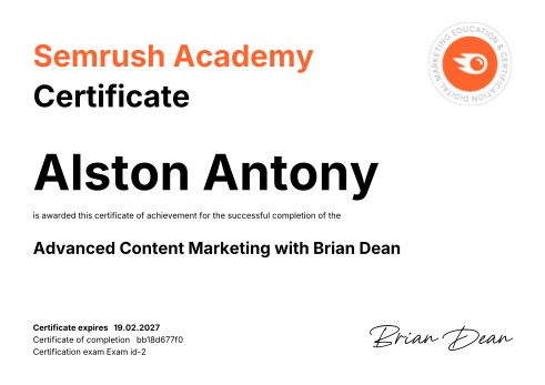 Advanced Content Marketing with Brian Dean certificate by Semrush