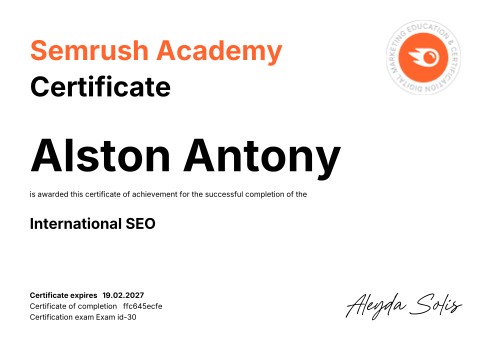 International SEO Certified certificate by Semrush