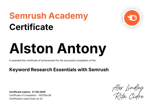 Keyword Research Essentials with Semrush certificate by Semrush