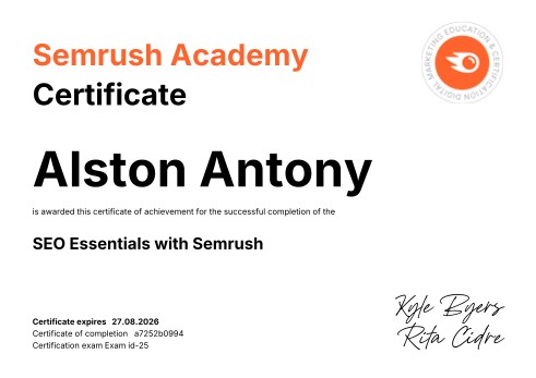 SEO Essentials with Semrush certificate by Semrush