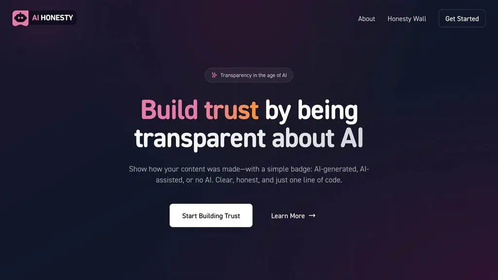 AI Honesty Badge homepage offering free AI content disclosure badges