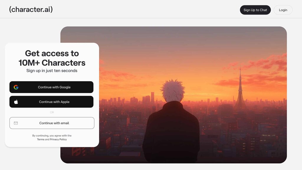 Character AI homepage with character library and search interface