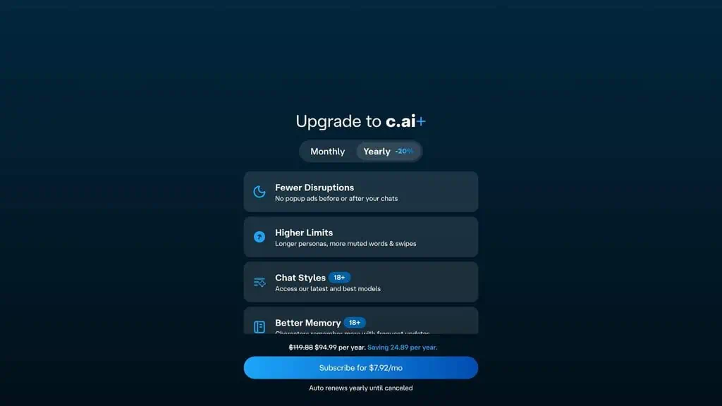 Character AI Plus pricing plans showing monthly and annual options