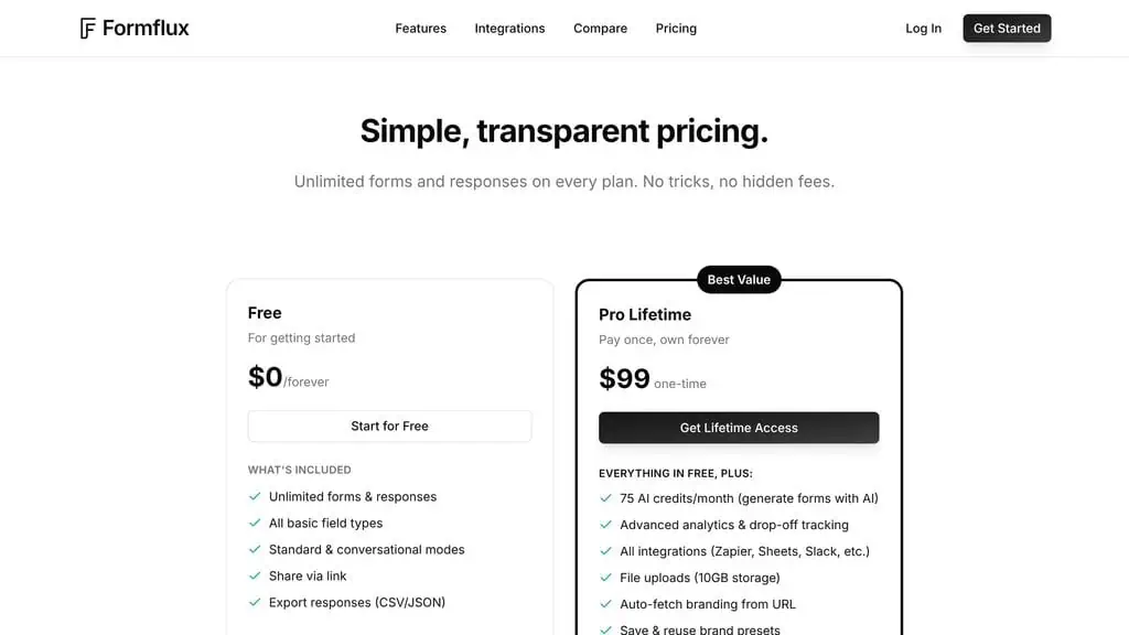 FormFlux pricing plans with free and Pro lifetime options