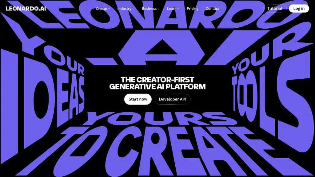 Leonardo AI homepage with creative image generation controls
