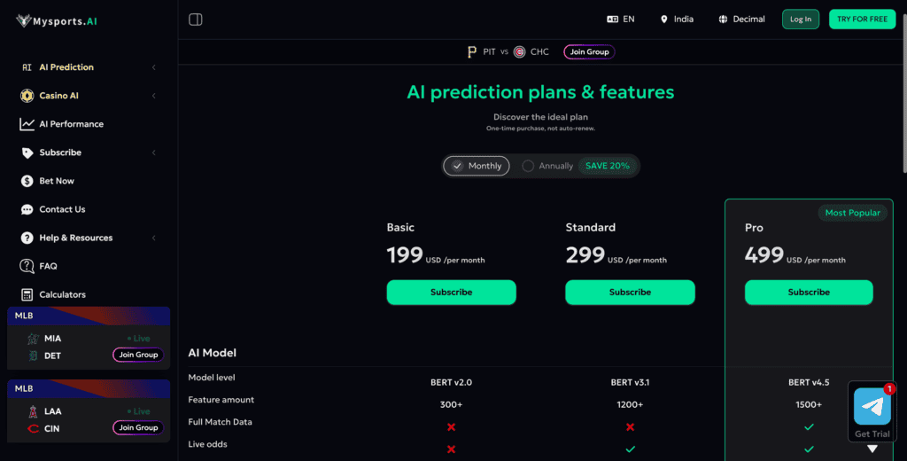 MySports.ai pricing plans from free to Pro at 299 per month