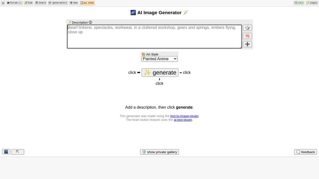 Perchance AI text to image generator with style options