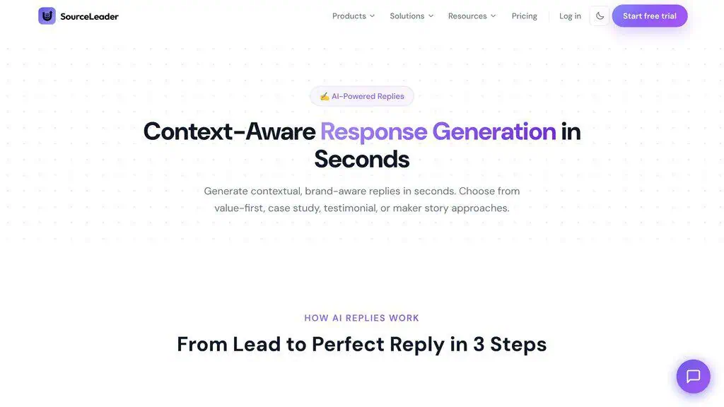 SourceLeader AI Replies feature page with reply style options