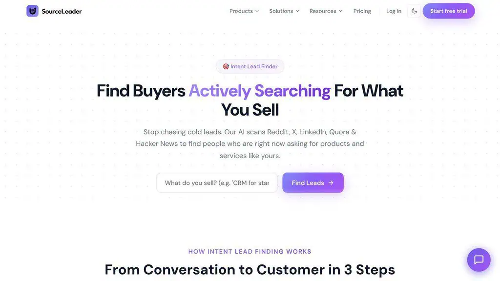 SourceLeader Intent Lead Finder product page showing intent monitoring