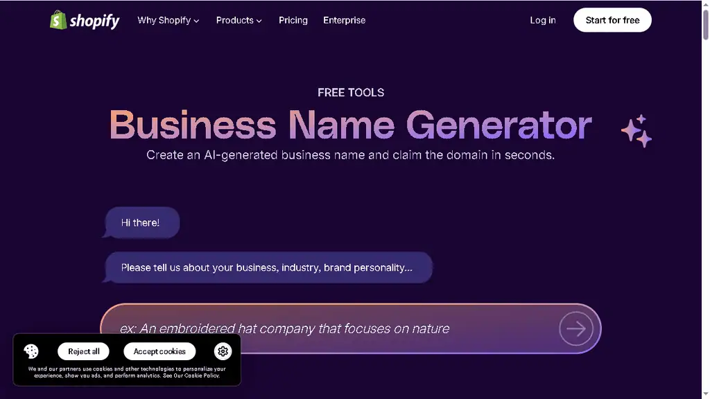 Shopify free business name generator with keyword search and available .com domain results