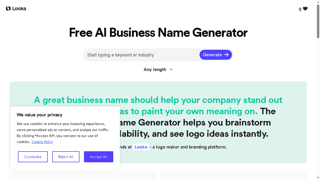 Looka business name generator interface with industry selection and logo integration prompts