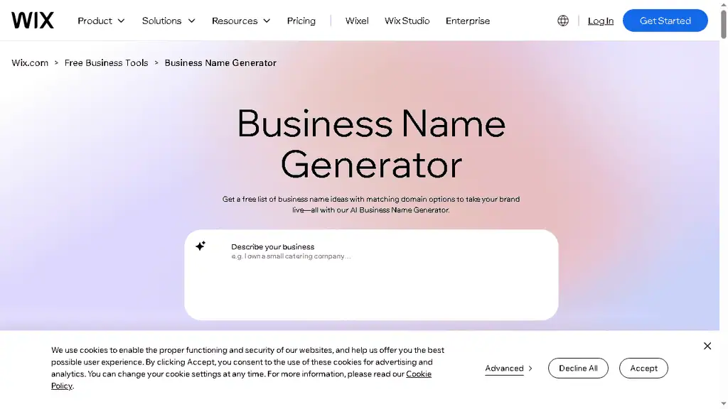 Wix business name generator with company description input and AI-powered brand suggestions