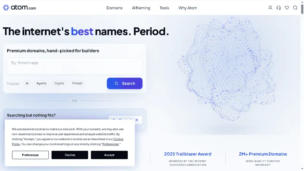 Atom.com Squadhelp marketplace homepage showing premium curated brand names for sale