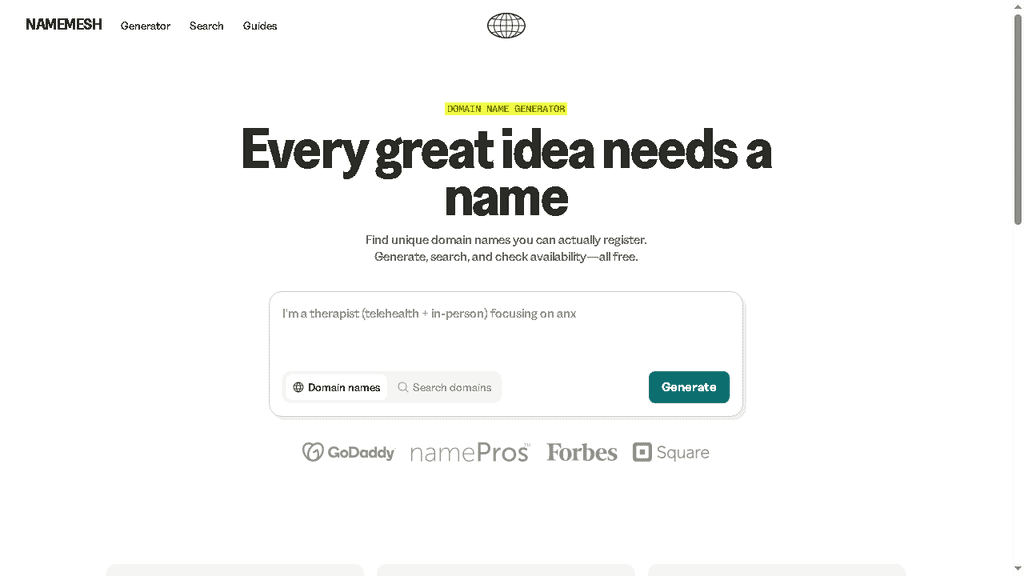 NameMesh business name generator with categorized result columns and domain availability checks