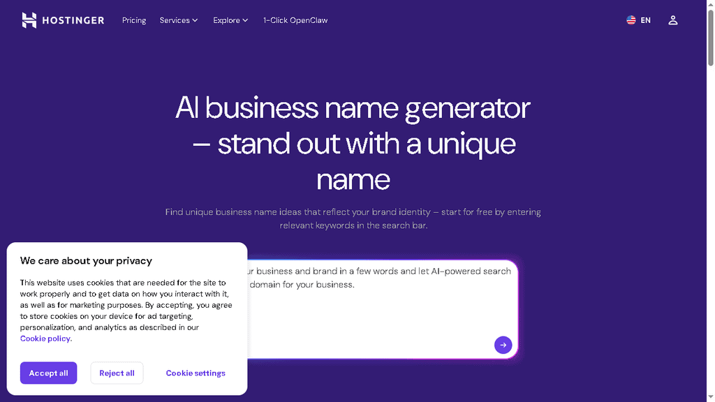 Hostinger AI business name generator with description input and language selection options
