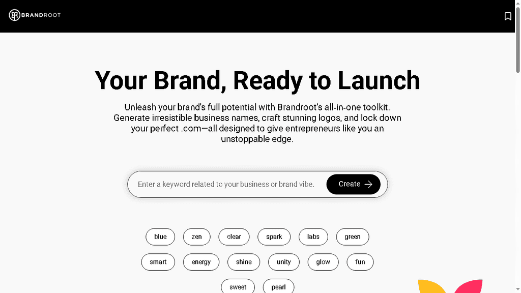 Brandroot curated brand name marketplace homepage with premium names and logo previews