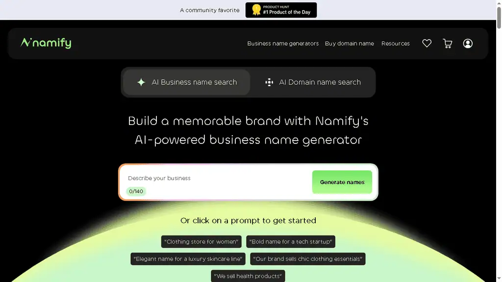 Namify AI business name generator landing page with free logo previews and brand suggestions