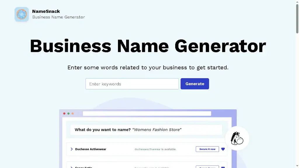 NameSnack business name generator with industry selection and local business naming focus