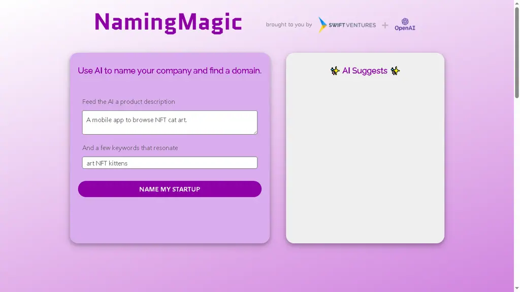 NamingMagic conversational AI naming tool with brand context and domain search integration